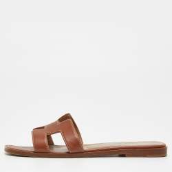 Hermes Brown Leather Oran Slides Size 36 