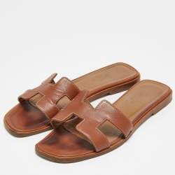 Hermes Brown Leather Oran Slides Size 36 