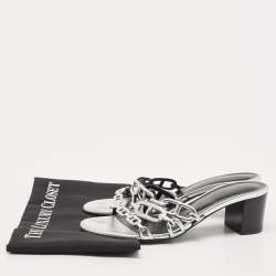 Pre Owned Hermès Silver Leather Tandem Slide Sandals Size 38