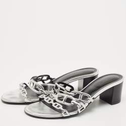 Pre Owned Hermès Silver Leather Tandem Slide Sandals Size 38