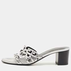 Pre Owned Hermès Silver Leather Tandem Slide Sandals Size 38