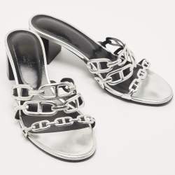 Pre Owned Hermès Silver Leather Tandem Slide Sandals Size 38