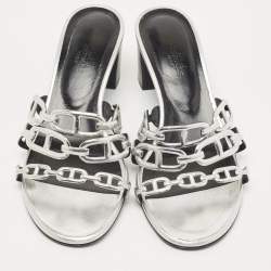 Pre Owned Hermès Silver Leather Tandem Slide Sandals Size 38