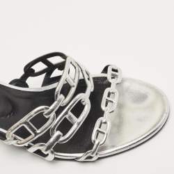 Pre Owned Hermès Silver Leather Tandem Slide Sandals Size 38