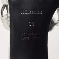 Pre Owned Hermès Silver Leather Tandem Slide Sandals Size 38