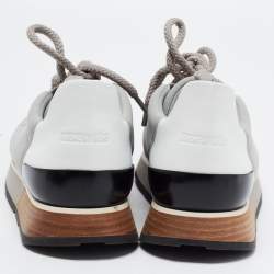 Pre Owned Hermes Grey/White Leather and Fabric Buster Sneakers Size 38