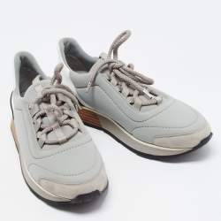 Pre Owned Hermes Grey/White Leather and Fabric Buster Sneakers Size 38