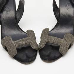 Pre Owned Hermes Silver/Black Glitter and Suede Night Sandals Size 37.5