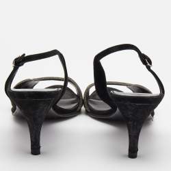 Pre Owned Hermes Silver/Black Glitter and Suede Night Sandals Size 37.5