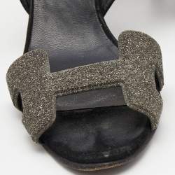 Pre Owned Hermes Silver/Black Glitter and Suede Night Sandals Size 37.5