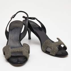 Pre Owned Hermes Silver/Black Glitter and Suede Night Sandals Size 37.5