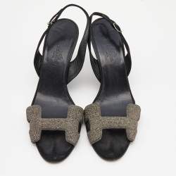 Pre Owned Hermes Silver/Black Glitter and Suede Night Sandals Size 37.5