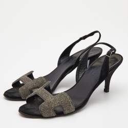 Pre Owned Hermes Silver/Black Glitter and Suede Night Sandals Size 37.5