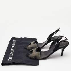 Pre Owned Hermes Silver/Black Glitter and Suede Night Sandals Size 37.5