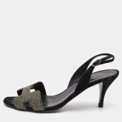 Pre Owned Hermes Silver/Black Glitter and Suede Night Sandals Size 37.5