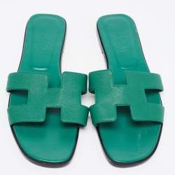 Hermes Green Leather Oran Flat Slides Size 42