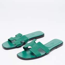 Hermes Green Leather Oran Flat Slides Size 42