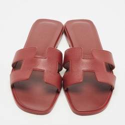 Hermes Burgundy Leather Oran Flat Slides Size 38