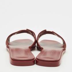 Hermes Burgundy Leather Oran Flat Slides Size 38