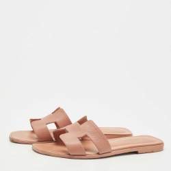 Hermes Pink Leather Oran Flat Slides Size 38