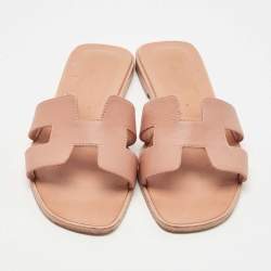 Hermes Pink Leather Oran Flat Slides Size 38