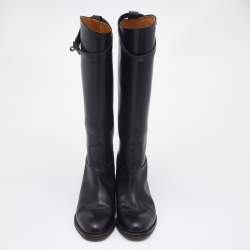 Hermes Black Leather  H Jumping Knee Length Boots Size 38