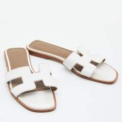 Pre Owned Hermes White Leather Oran Flat Slides Size 38