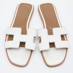 Pre Owned Hermes White Leather Oran Flat Slides Size 38