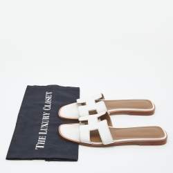 Pre Owned Hermes White Leather Oran Flat Slides Size 38