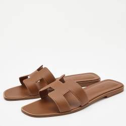 Pre Owned Hermes Brown Leather Oran Flat Slides Size 41
