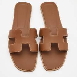 Pre Owned Hermes Brown Leather Oran Flat Slides Size 41