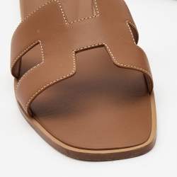 Pre Owned Hermes Brown Leather Oran Flat Slides Size 41