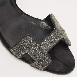 Pre Owned Hermes Silver/Black Glitter and Suede Night Slingback Sandals Size 38.5