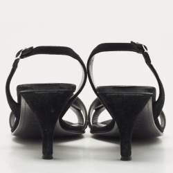 Pre Owned Hermes Silver/Black Glitter and Suede Night Slingback Sandals Size 38.5