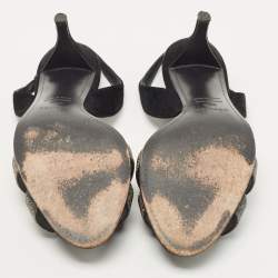 Pre Owned Hermes Silver/Black Glitter and Suede Night Slingback Sandals Size 38.5