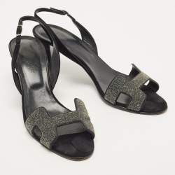 Pre Owned Hermes Silver/Black Glitter and Suede Night Slingback Sandals Size 38.5