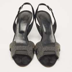 Pre Owned Hermes Silver/Black Glitter and Suede Night Slingback Sandals Size 38.5