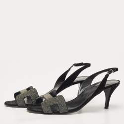 Pre Owned Hermes Silver/Black Glitter and Suede Night Slingback Sandals Size 38.5