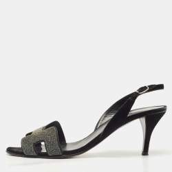Pre Owned Hermes Silver/Black Glitter and Suede Night Slingback Sandals Size 38.5