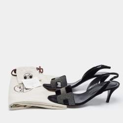 Pre Owned Hermes Silver/Black Glitter and Suede Night Slingback Sandals Size 38.5