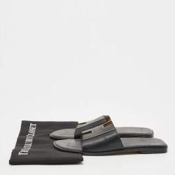 مملوكة مسبقًا Hermes Black Leather Flat Slides Size 37