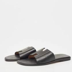 مملوكة مسبقًا Hermes Black Leather Flat Slides Size 37