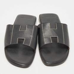 مملوكة مسبقًا Hermes Black Leather Flat Slides Size 37