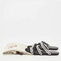 Hermes Black/Silver Leather and Suede Chaine d'Ancre Flat Slides Size 38 