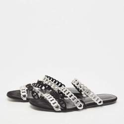 Hermes Black/Silver Leather and Suede Chaine d'Ancre Flat Slides Size 38 