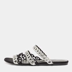 Hermes Black/Silver Leather and Suede Chaine d'Ancre Flat Slides Size 38 