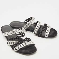 Hermes Black/Silver Leather and Suede Chaine d'Ancre Flat Slides Size 38 