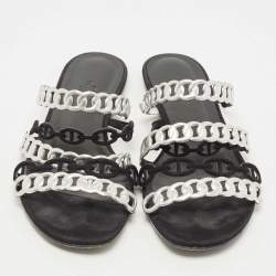 Hermes Black/Silver Leather and Suede Chaine d'Ancre Flat Slides Size 38 