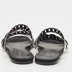 Hermes Black/Silver Leather and Suede Chaine d'Ancre Flat Slides Size 38 