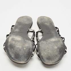 Hermes Black/Silver Leather and Suede Chaine d'Ancre Flat Slides Size 38 